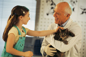 Little girl petting cat in veterinarian's arms