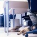 Dog laying next to human in work office